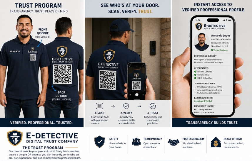 Branded technician uniforms with scannable QR codes that reveal a verified employee profile.